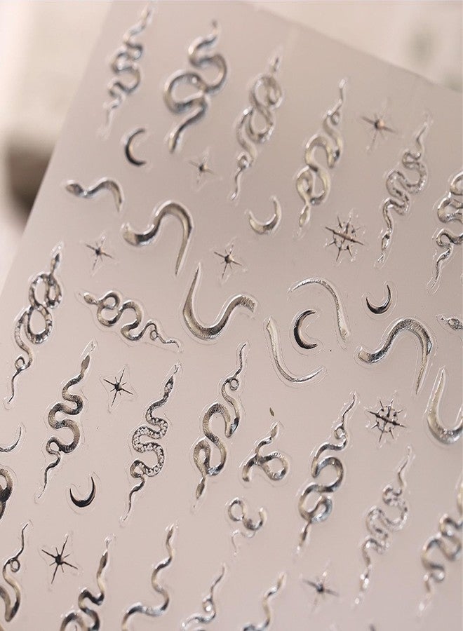 Sevgob 5D Embossed Snake Nail Art Stickers Silver Snake Nail Stickers Self-Adhesive Spring Nail Decals Moon Star Nail Art for Acrylic Nails Press on Snake Nail Supplies for Women Girls Manicure DIY - Image 5